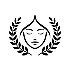 Woman Face with Laurel Wreath Logo for Beauty and Peace Concept
