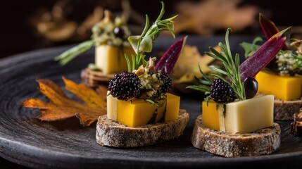 Artisanal Autumn Appetizers with Natural Ingredients Displayed on a Dark Plate Surrounded by Vibrant Leaves