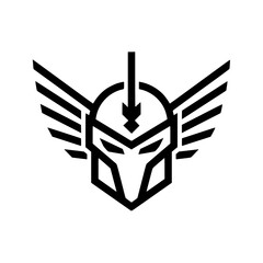 Vector illustration of a warrior or knight helmet logo design with symmetrical geometric wings.
