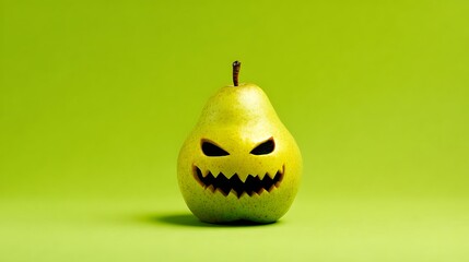 A single green pear carved with an evil, menacing jack o lantern face sits isolated against a bright lime backdrop representing a spooky holiday concept