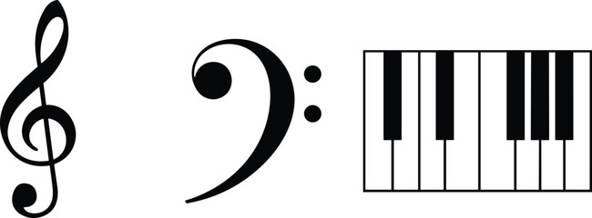 Music symbols illustration showing treble clef bass clef and piano keyboard keys isolated minimalist black white vector design for stock © Afsana Creatives