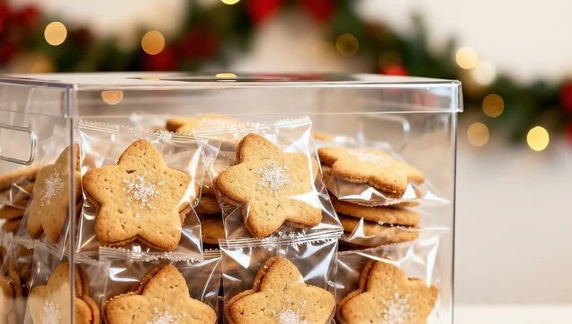 Homemade cookies in a clear container are shown with a festive background and holiday decorations during winter time