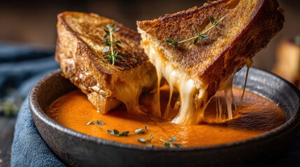 Grilled Cheese Sandwich Pulling Apart with Melted Cheese and Dipped into Rich Tomato Soup on Dark Wooden Table