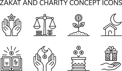 Zakat and charity concept icons set representing generosity and kindness on white background Vector illustration