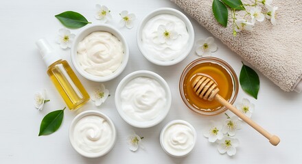 White creams in bowls with honey and oil on a white background with flowers and leaves