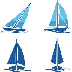 Sailboat and yacht vector illustration set showing modern sailing boats on waves isolated blue nautical design for marine travel themes © Afsana Creatives