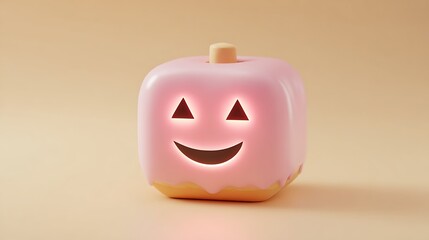 Adorable 3d render of a stylized glowing pink pumpkin resembling a cartoon donut or squishy toy for a modern festive celebration background