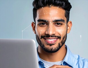 Portrait of a smiling man with brown hair and a light blue shirt; facial recognition technology is overlaid