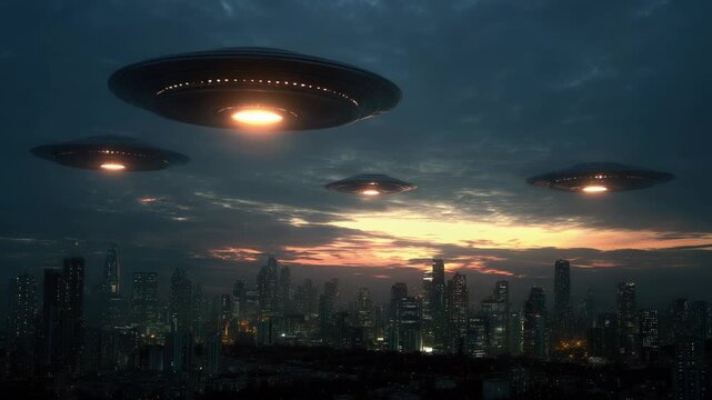 UFOs are seen flying in formation over a modern city at dusk. The lights from the crafts reflect off the windows of tall buildings as the sun sets in the background