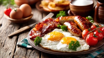 Delicious Breakfast Platter with Eggs, Crispy Bacon, Savory Sausages, and Fresh Tomatoes on Rustic Wooden Table