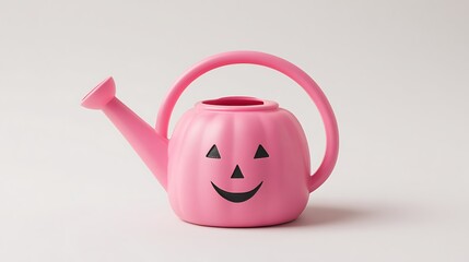Adorable pink plastic watering can featuring a carved jack o lantern style happy face ideal for playful indoor gardening or whimsical seasonal decoration concepts