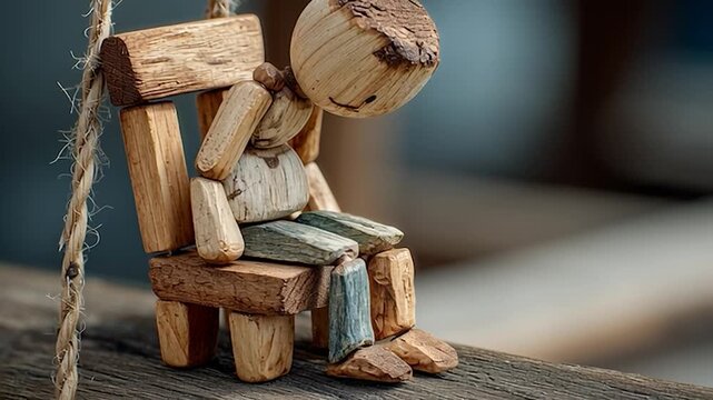 A wooden figure is perched on a tiny chair, its head bowed as if lost in thought. The rustic background enhances the feeling of solitude, inviting viewers to ponder its story