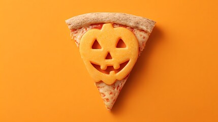 Delicious single slice of pepperoni pizza featuring a festive molded cheese topping shaped like a classic happy jack o lantern face for halloween celebrations