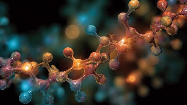 Scientific animation illustrating glycolysis with molecular interactions, enzymes, and ATP energy generation
