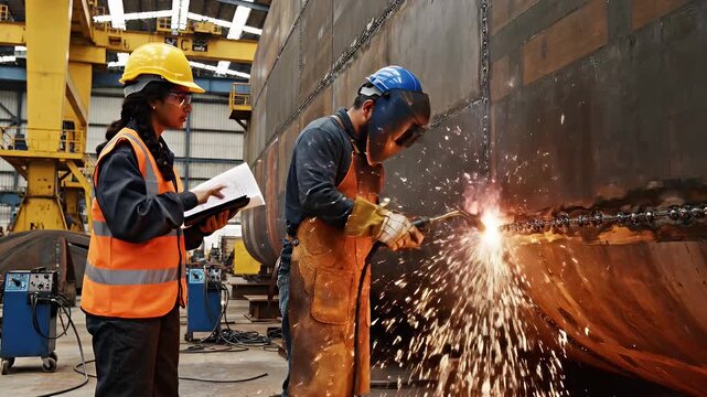Welding and inspection process on large metal structure, professional craftsmanship in industry