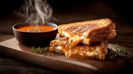 Delicious Grilled Cheese Sandwich with Tomato Soup, Perfectly Melted and Comforting, Ideal for Cozy Dinners and Lunchtime Cravings