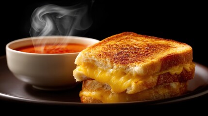 Delicious Grilled Cheese Sandwich with Melting Cheese Served with Hot Tomato Soup Steam