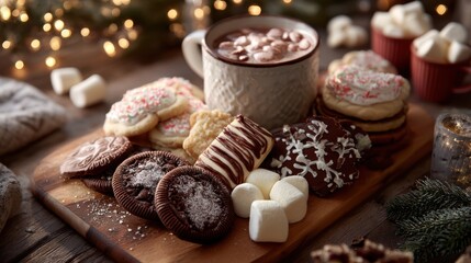 Assorted Holiday Cookies with Hot Chocolate and Marshmallows in Cozy Setting