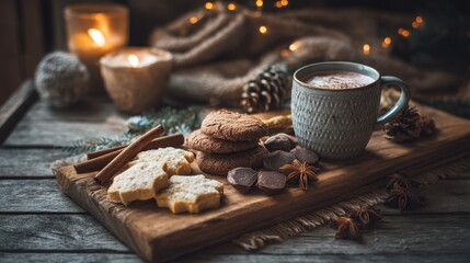 Cozy Holiday Snack Setup with Assorted Cookies and Hot Chocolate by Candlelight