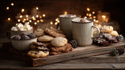 Assorted Cookies and Hot Chocolate Setup for a Cozy Holiday Snack Experience