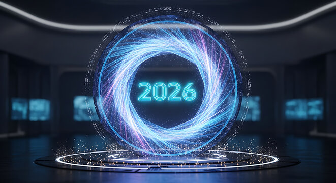 Futuristic neon glowing 2026 numbers - Powered by Adobe