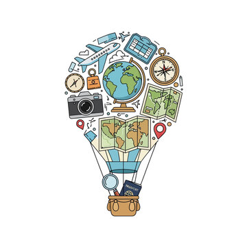 Hot Air Balloon of Travel Essentials: Globe, Maps, Camera, Passport, Airplane, Compass
