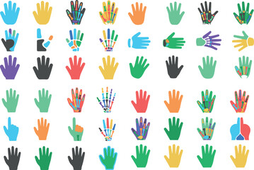 Collection of colorful hand icons in various styles and gestures on white background