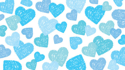 クレヨンタッチのかわいいハートをちりばめた背景素材/ブルー