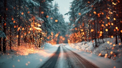 Tranquil Forest Road Blanketed in Snow with Warm Bokeh Lights Creating a Magical Winter Scene at Dusk