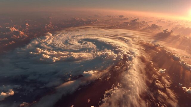 Super Typhoon with Rotating Eyewall Over Philippine Sea Under Golden Volumetric Sunlight