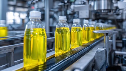 Oil Bottling Process on Industrial Line with Flowing Liquid in Clear Containers Under Bright Factory Lights