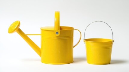 Bright Yellow Watering Can and Bucket on White Background Perfect for Beach Play and Gardening Activities