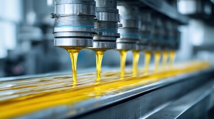 Liquid Oil Flowing Through Industrial Bottling Line with Precision and Efficiency in a Modern Processing Facility