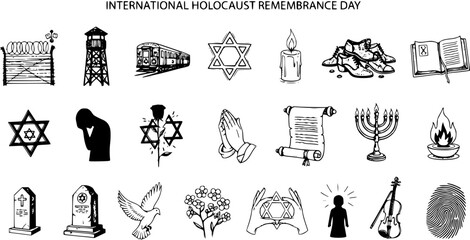 Naklejka premium Black and White Line Art Icons Set for International Holocaust Remembrance Day, featuring symbols of memory, human rights, and Jewish history