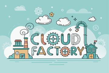 A playful and imaginative logo featuring a whimsical cloud factory for kids, with colorful letters and fun design elements.