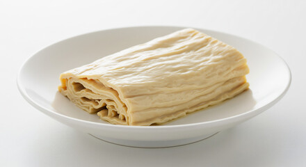 Beautifully layered tofu skin roll rests on a clean white plate bathed in soft studio light. AI Generated
