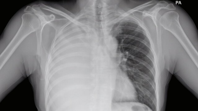 Right-Sided Massive Pleural Effusion with Tracheal Deviation &ndash; Chest X-ray