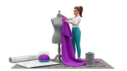 3D Render: Fashion Designer Working on Dress Form with Fabric and Patterns