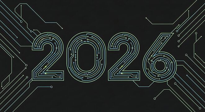 Futuristic neon glowing 2026 numbers - Powered by Adobe