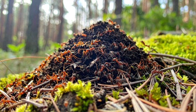 Close-up view of a vibrant ant hill in a lush forest environment, natures wonder.