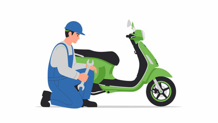 A mechanic in blue overalls and cap kneeling, holding a wrench, and repairing a green scooter on a white background.