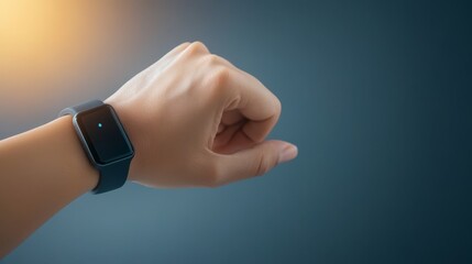 Close up of person's hand wearing modern smartwatch displaying time and notifications.