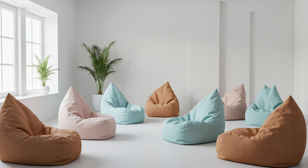 Bright natural light fills a clean minimalist room showcasing soft pastel bean bags for quiet comfort. AI Generated
