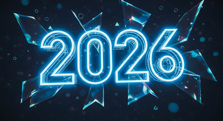 A futuristic neon blue glowing number 2026 is displayed against a dark background with shattered glass shards and bokeh effects.