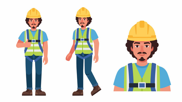 A cartoon illustration of a male construction worker wearing a hard hat, safety vest, and harness, shown in full body and close-up views.