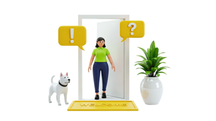 3D Woman and Dog at Door with Speech Bubbles and Welcome Mat