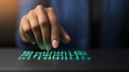 Close up of hand interacting with illuminated keyboard showcasing digital interface and technology.