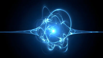 Glowing blue atom model in futuristic neon lighting with swirling energy on dark blue background for scientific illustration