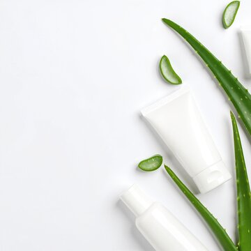 A sleek white bottle of ald stands prominently, accompanied by three elegant tubes adorned with vibrant green leaves, creating a fresh and natural aesthetic.