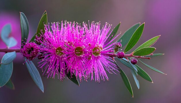 Close-up view of vibrant pink bottlebrush flower blooming on a branch with green leaves.